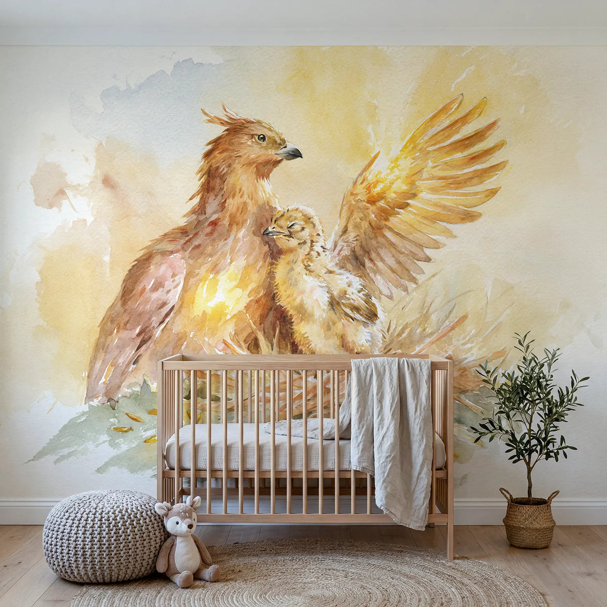 Watercolor phoenix chick lighting one wingtip gold, mural for a toddler room by Whimsy Tots