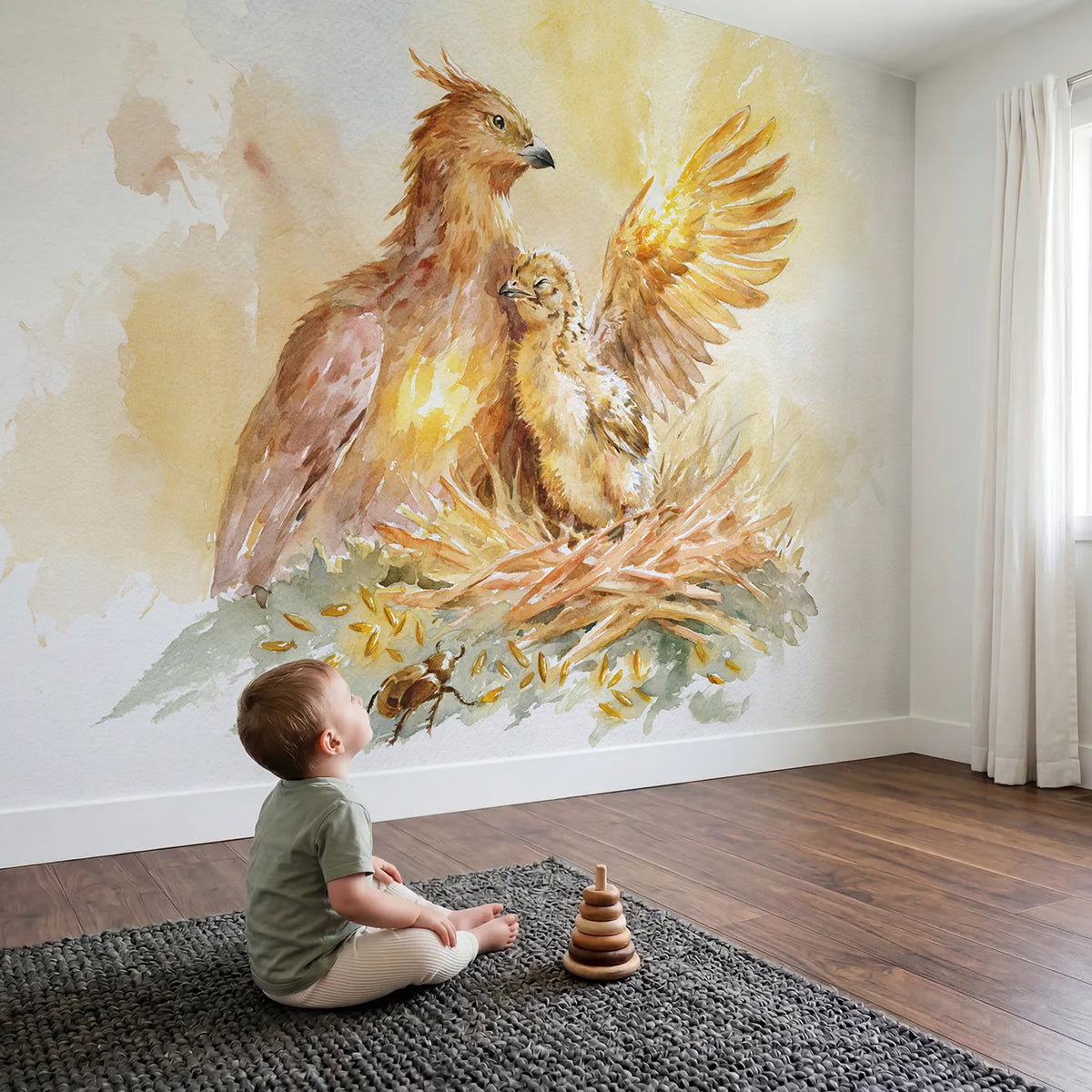 Child in nursery with Learning to Glow Wallpaper Mural by Whimsy Tots