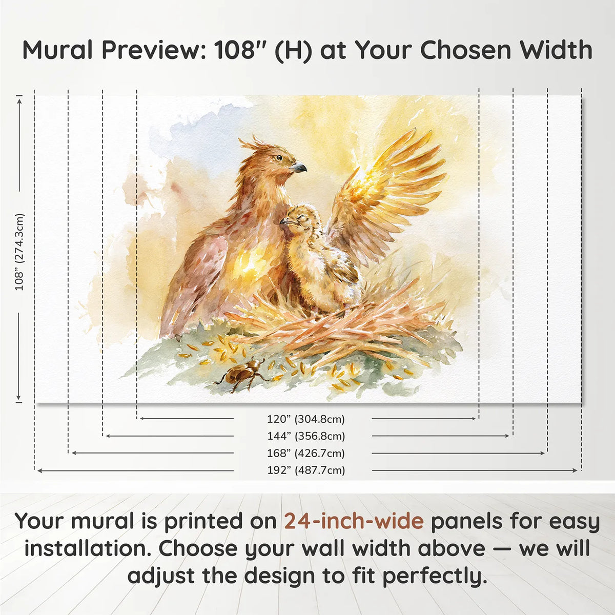 Panel layout and dimensions for Learning to Glow Wallpaper Mural by Whimsy Tots