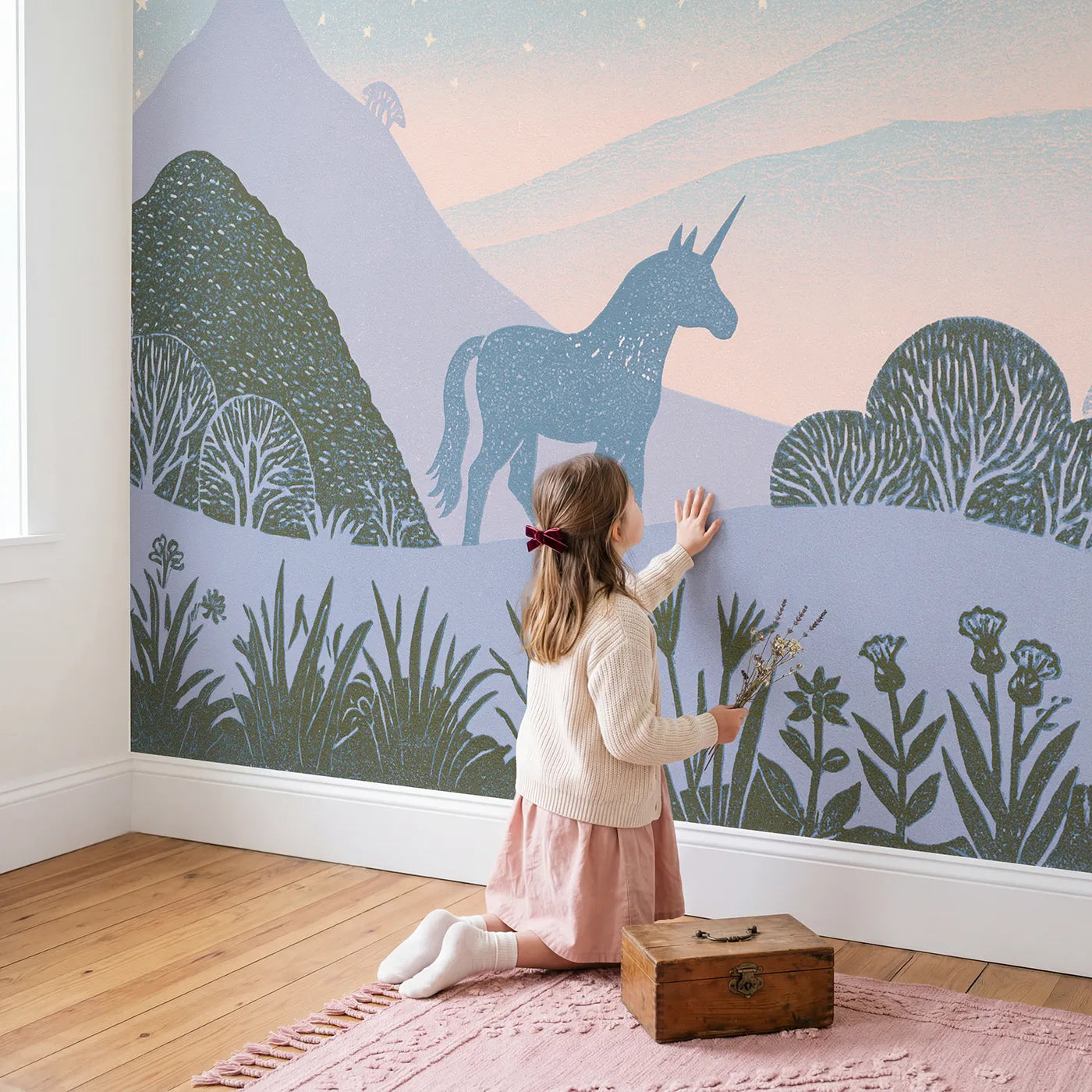 Child in nursery with Unicorn Silhouette Stars Wallpaper Mural by Whimsy Tots