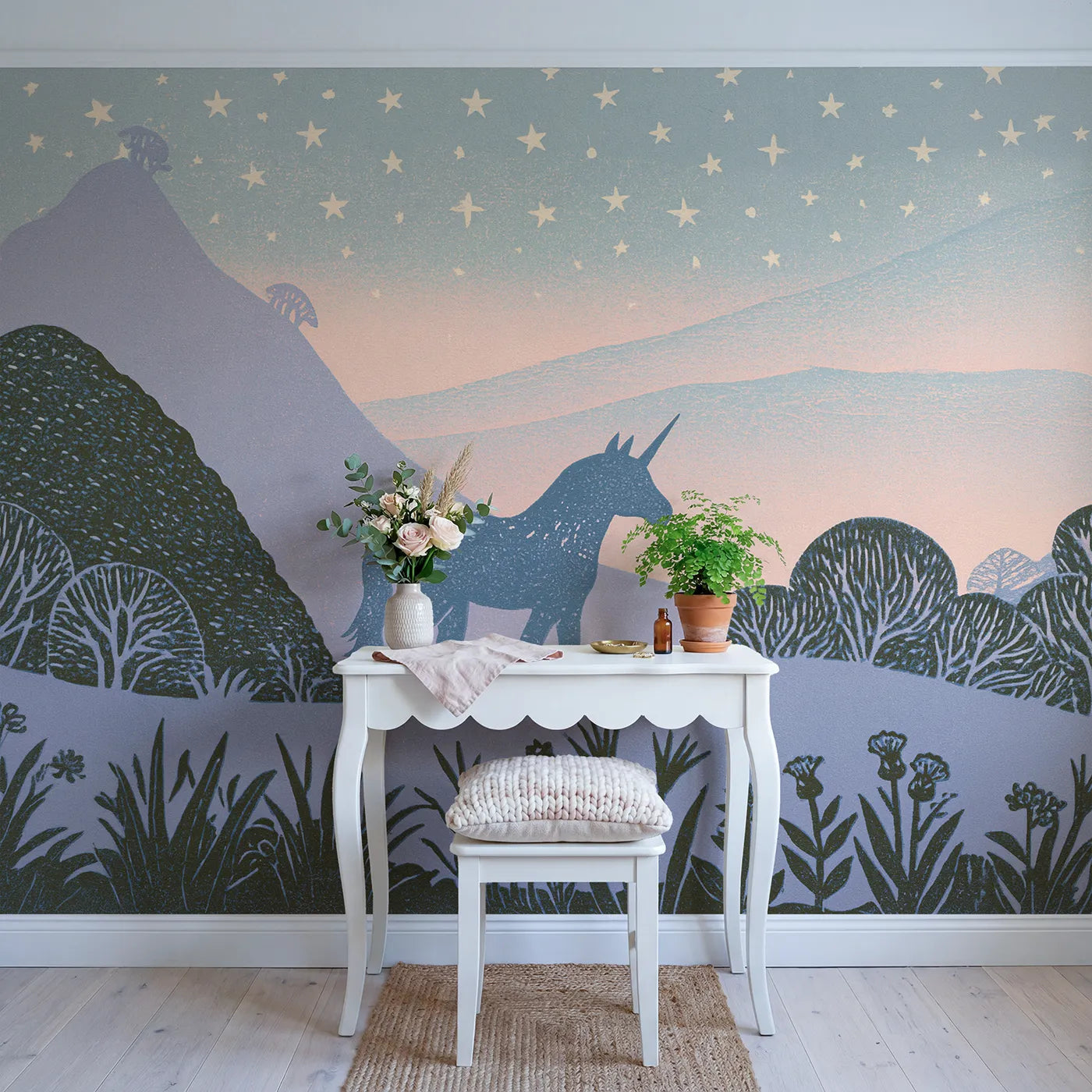 Unicorn Silhouette Stars Wallpaper Mural in playroom setting by Whimsy Tots