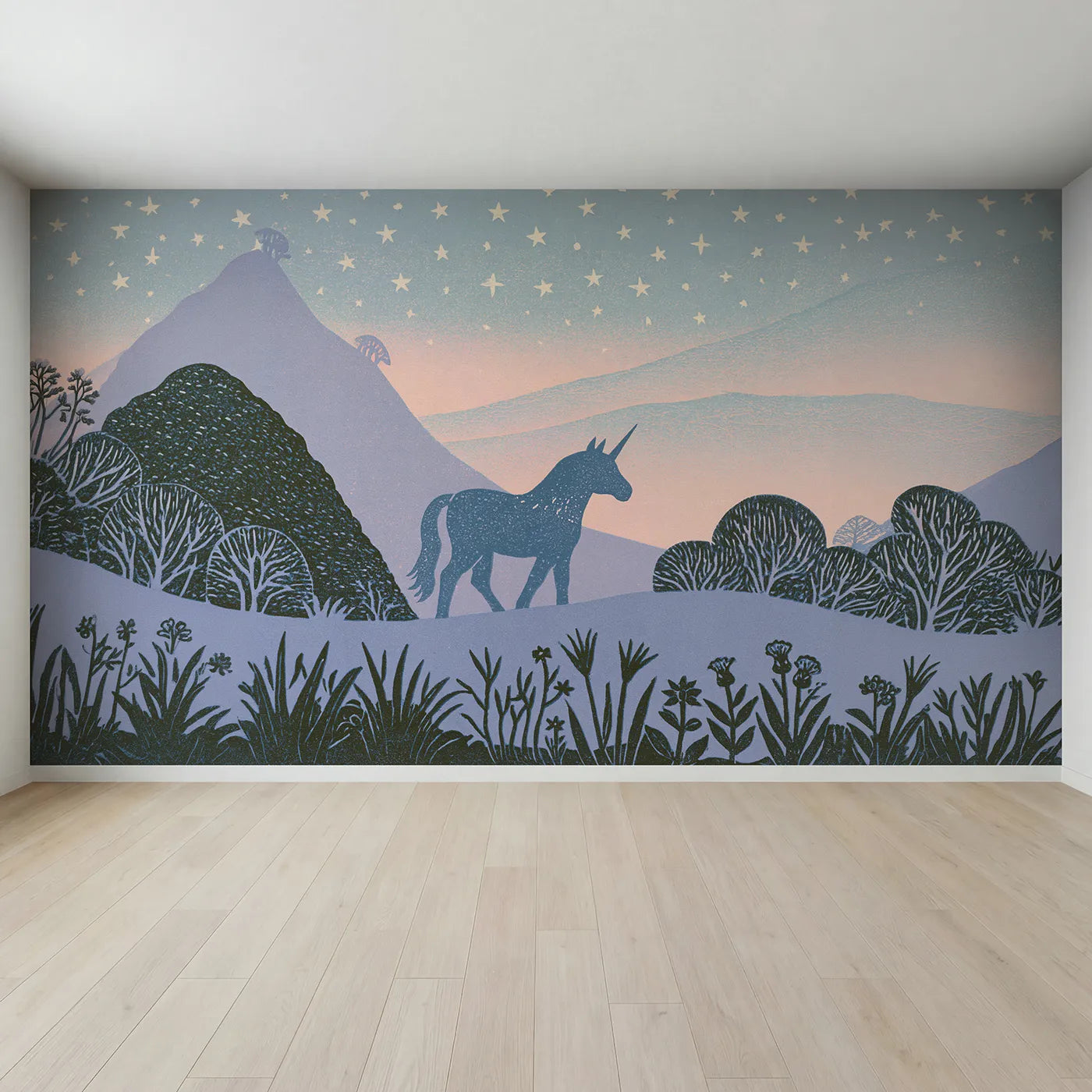 Full view of Unicorn Silhouette Stars Wallpaper Mural by Whimsy Tots
