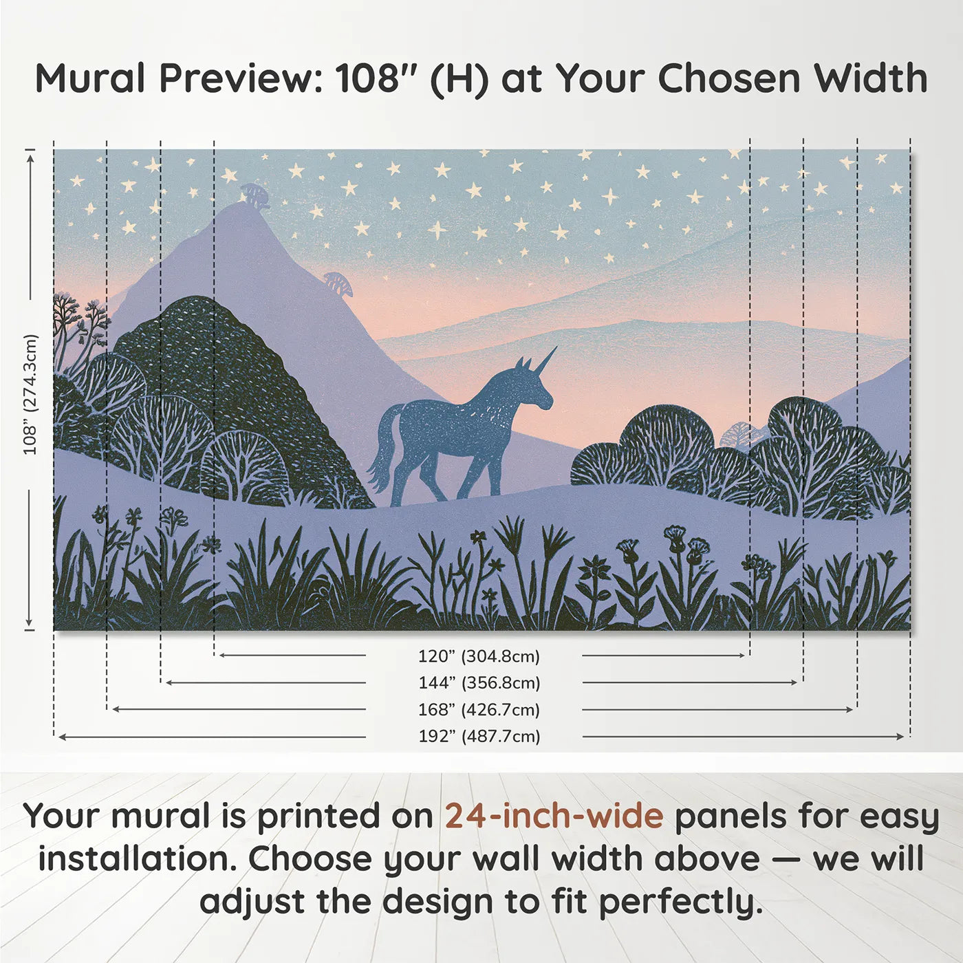 Panel layout and dimensions for Unicorn Silhouette Stars Wallpaper Mural by Whimsy Tots