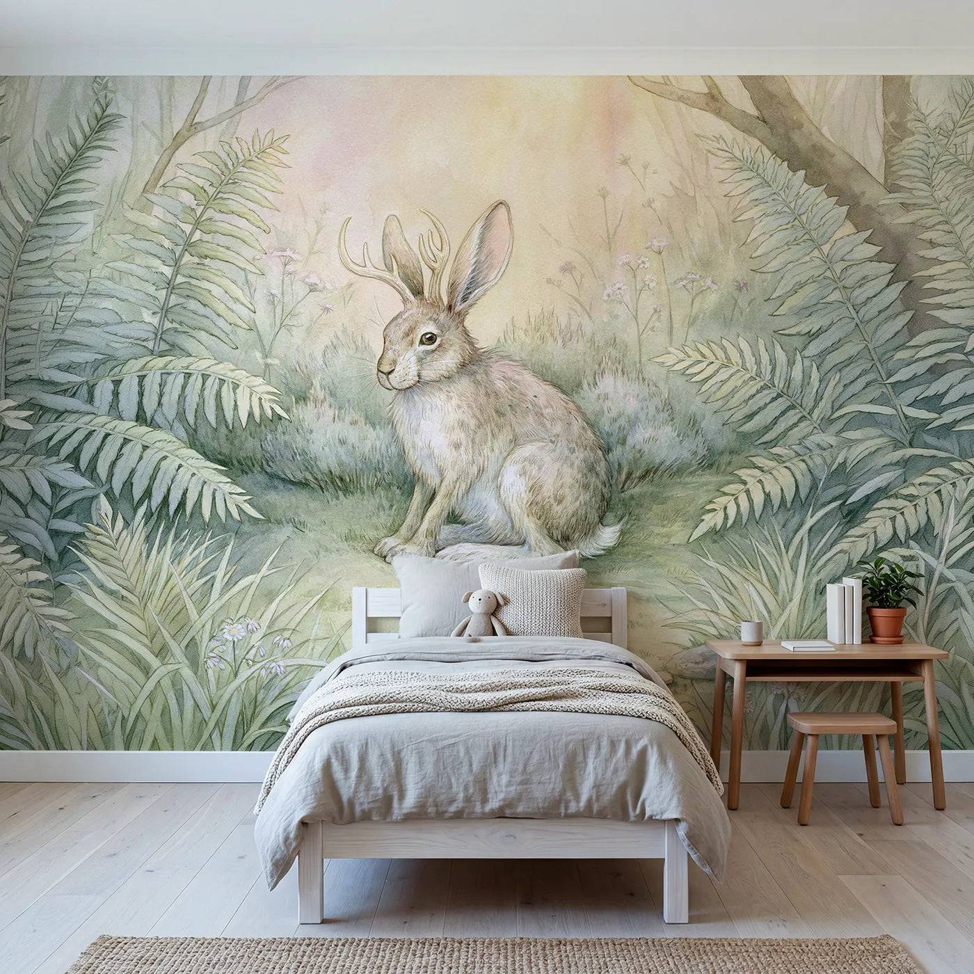 Storybook wall mural of a jolly jackalope on soft blush by Whimsy Tots