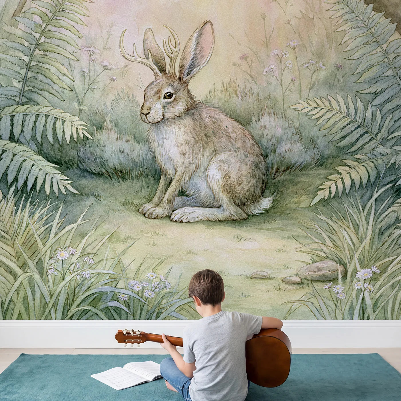 Child in nursery with Jolly Jackalope Wallpaper Mural by Whimsy Tots