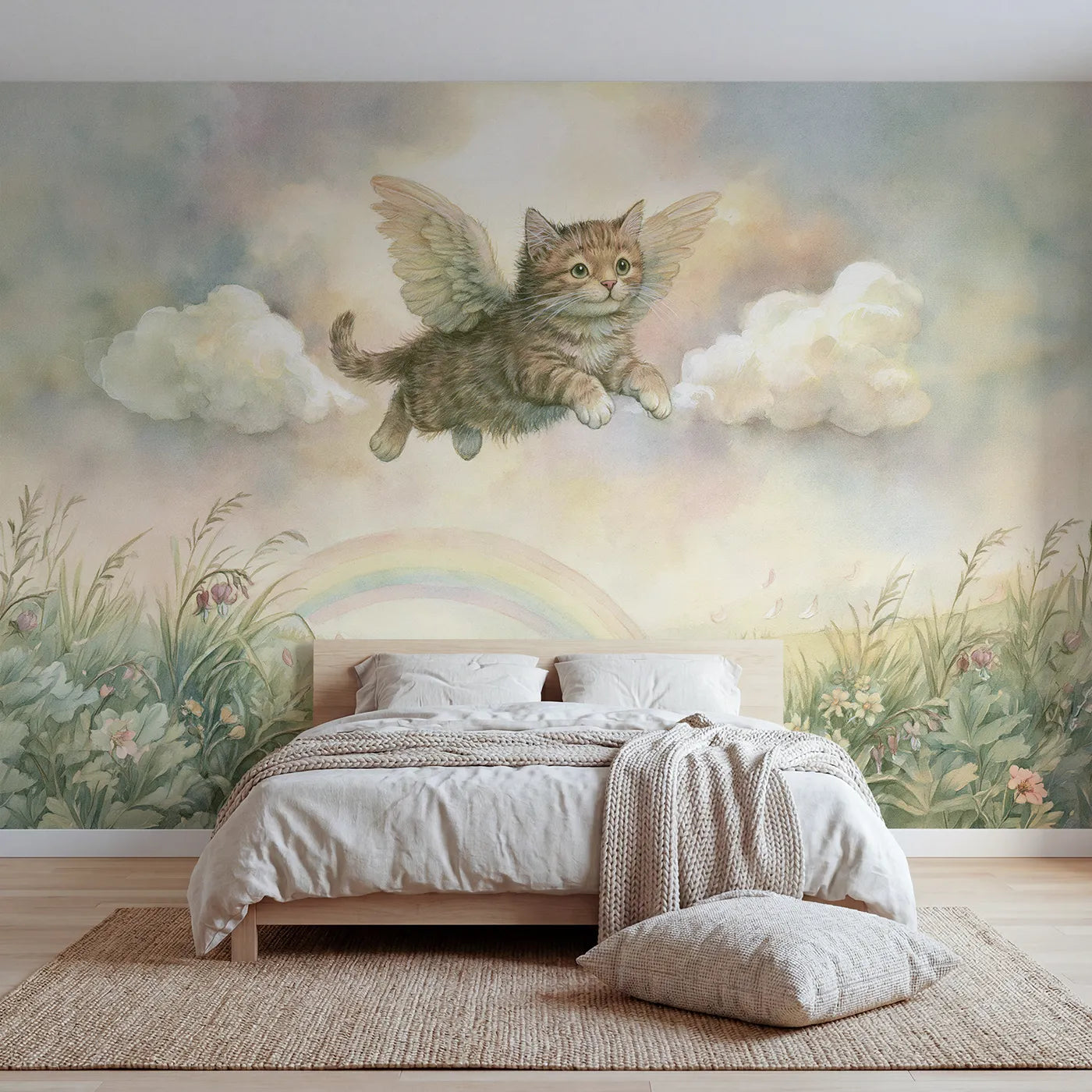 Storybook wall mural of a winged kitten hovering on soft blush by Whimsy Tots