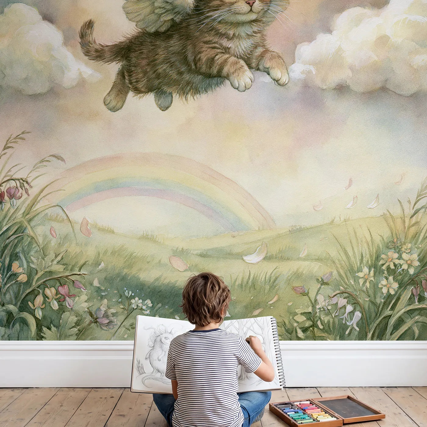 Child in nursery with Little Winged Kitten Wallpaper Mural by Whimsy Tots