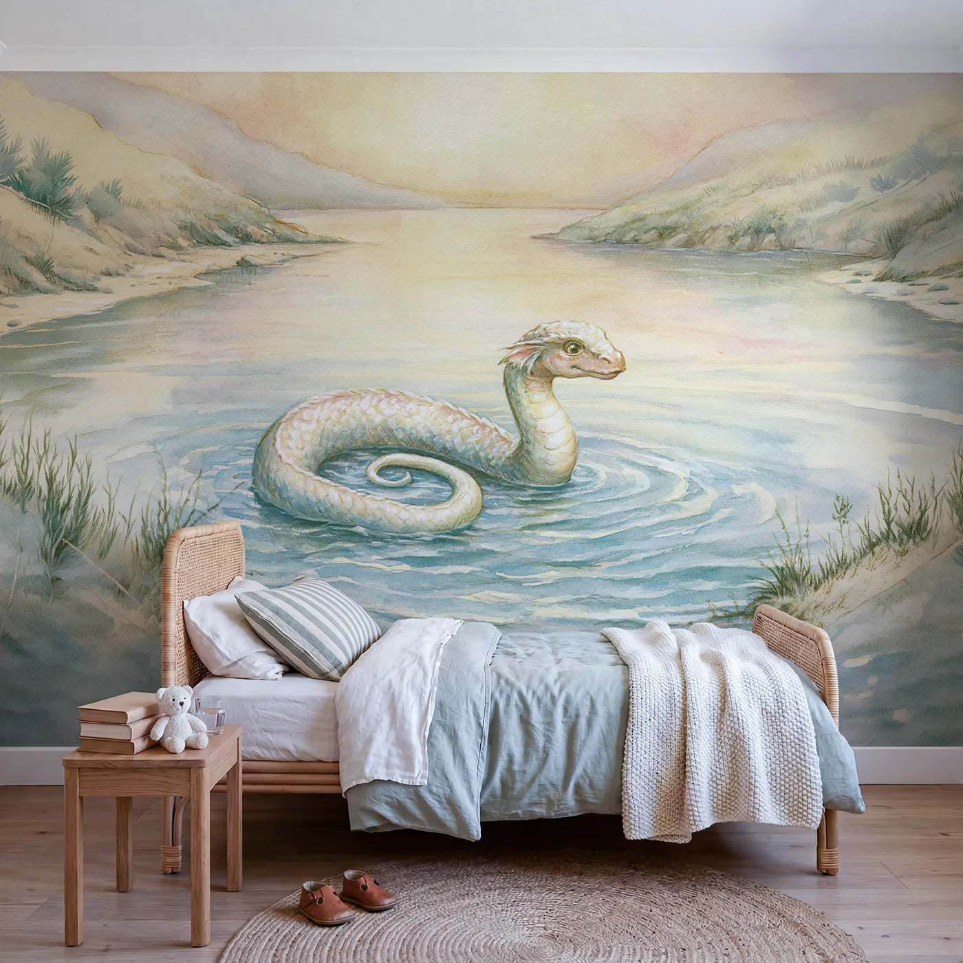 Storybook wall mural of a friendly sea serpent on soft blush by Whimsy Tots