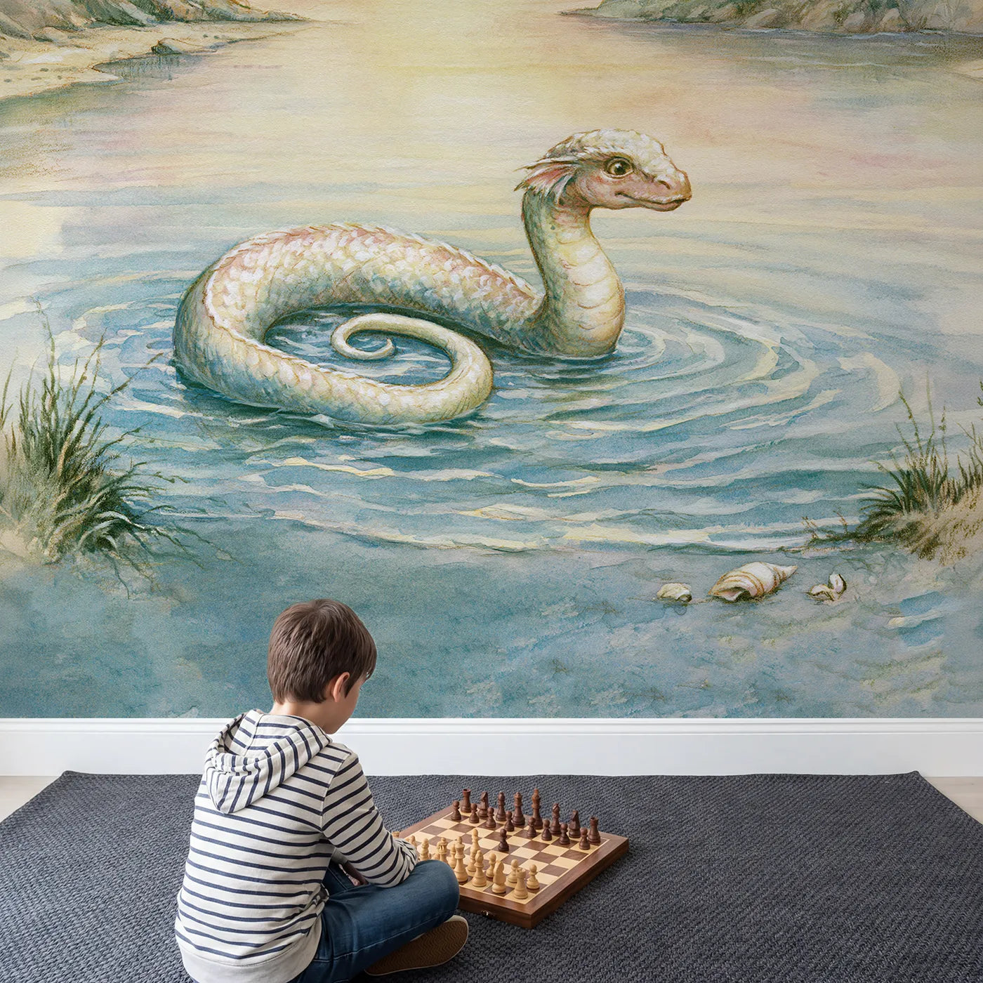 Child in nursery with Friendly Sea Serpent Wallpaper Mural by Whimsy Tots