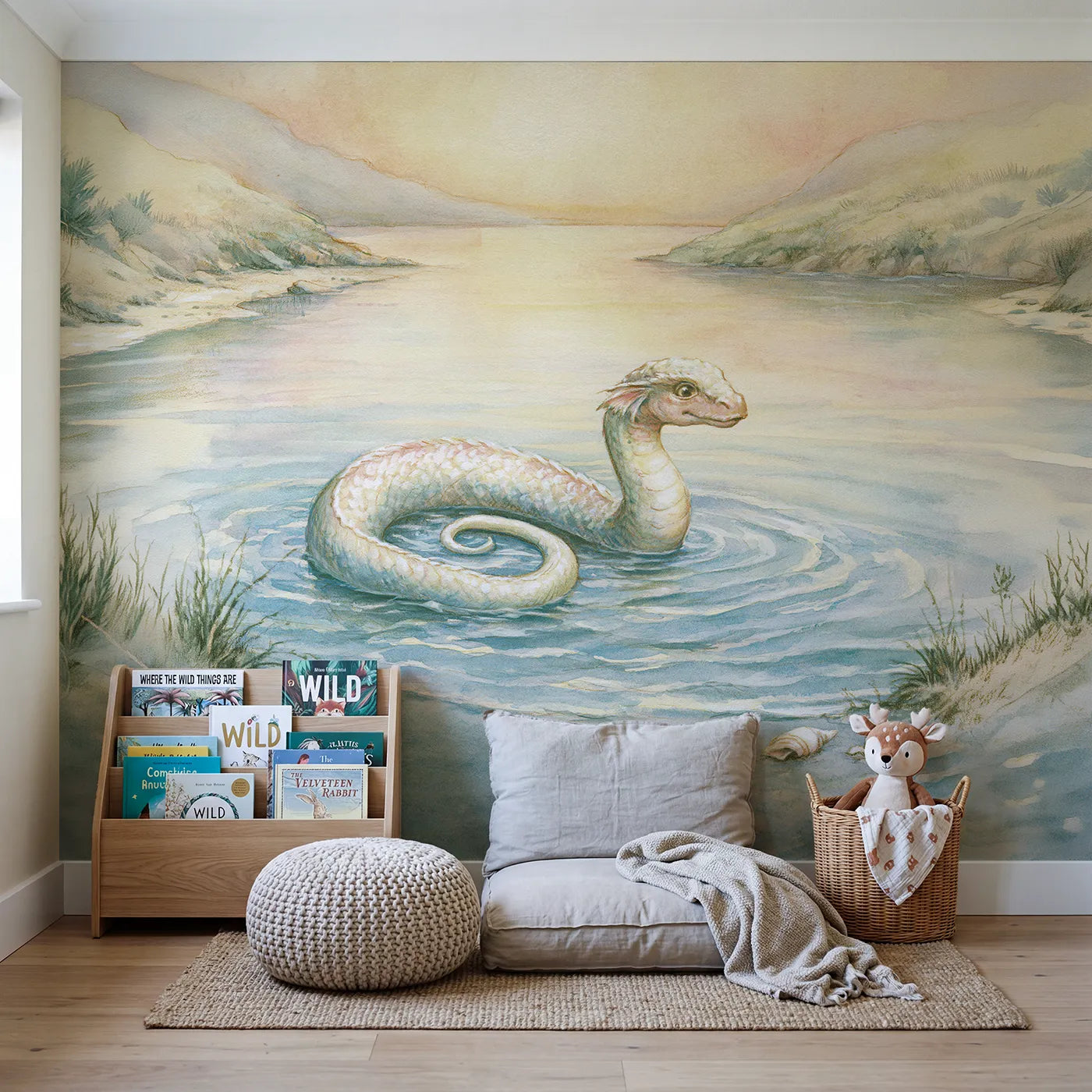Friendly Sea Serpent Wallpaper Mural in playroom setting by Whimsy Tots