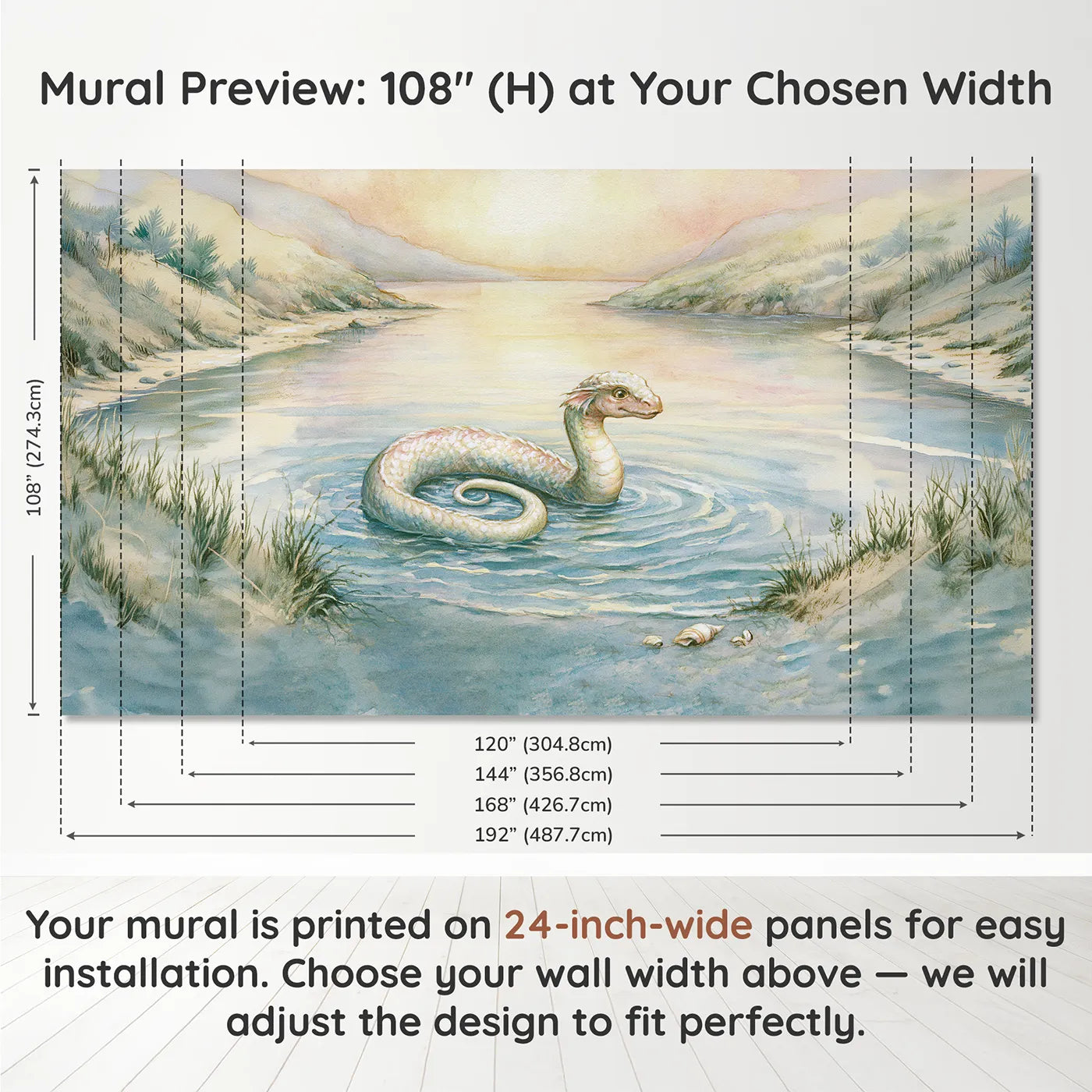 Panel layout and dimensions for Friendly Sea Serpent Wallpaper Mural by Whimsy Tots