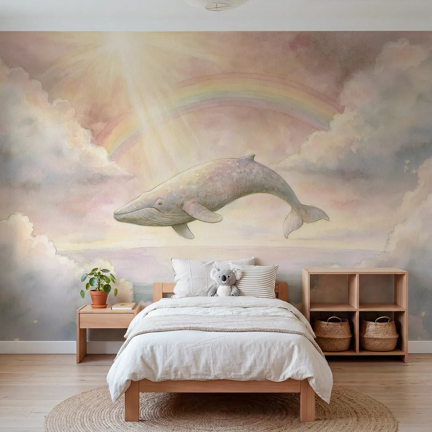 Storybook wall mural of a sky whale drifting on soft blush by Whimsy Tots