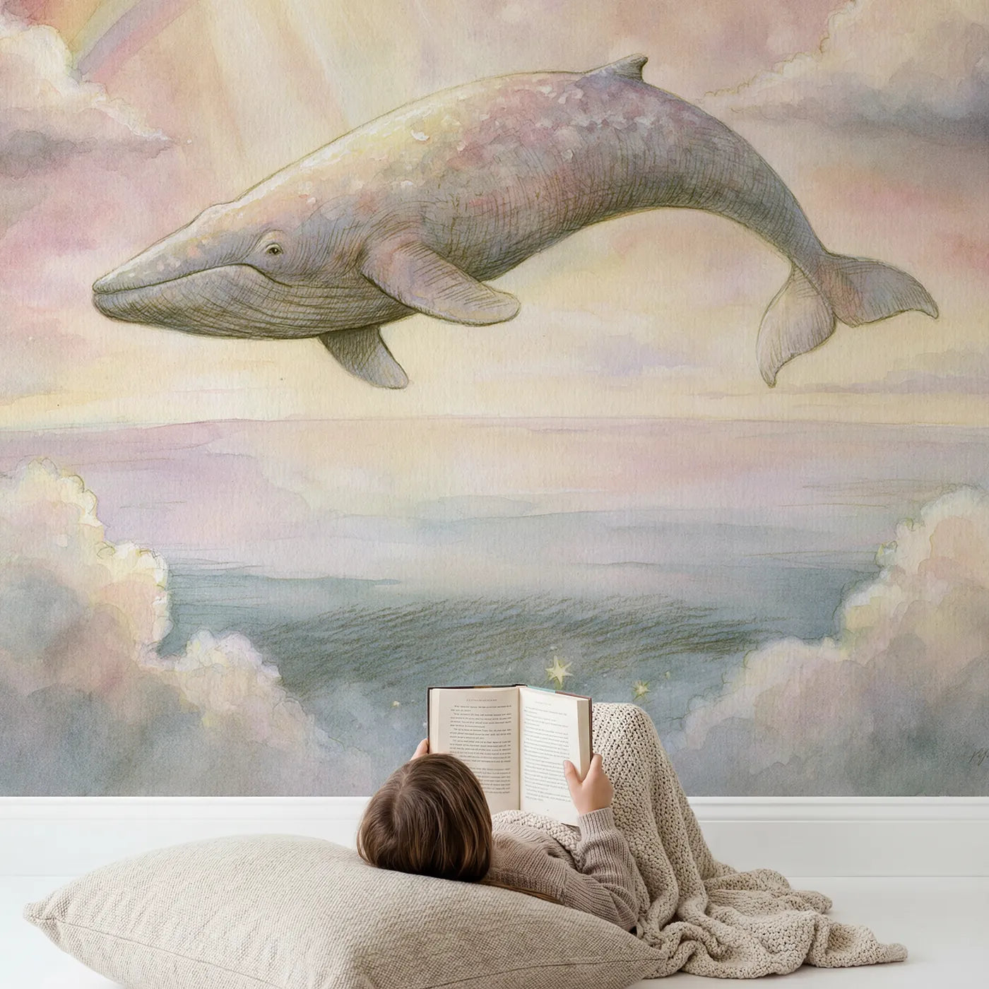 Child in nursery with Gentle Sky Whale Wallpaper Mural by Whimsy Tots