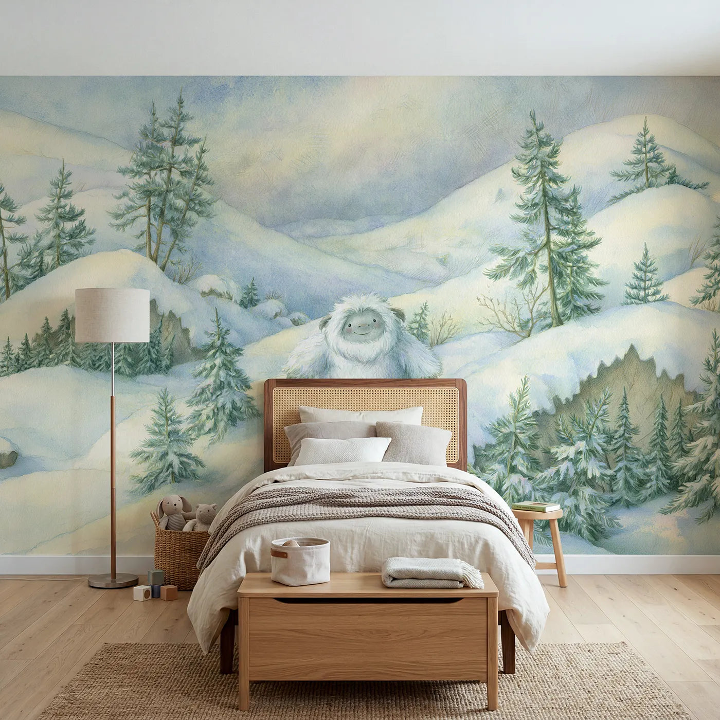 Storybook wall mural of a little snow yeti waving on soft blush by Whimsy Tots