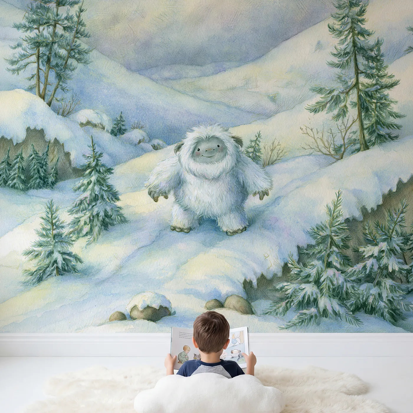 Child in nursery with Little Snow Yeti Wallpaper Mural by Whimsy Tots