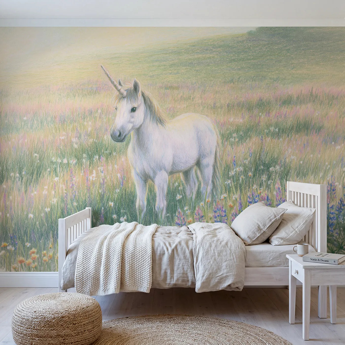 Colored pencil wall mural of a unicorn in a flower meadow on blush by Whimsy Tots