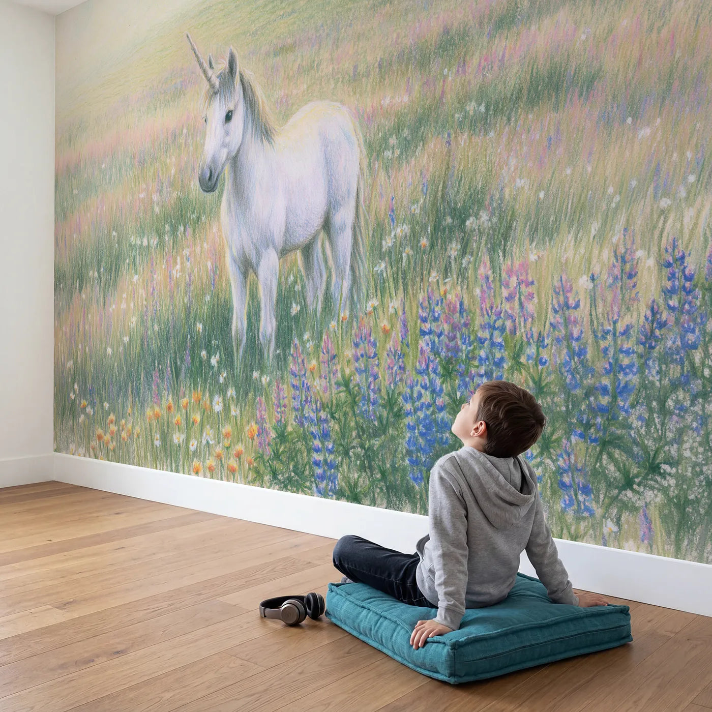 Child in nursery with Gentle Meadow Unicorn Wallpaper Mural by Whimsy Tots