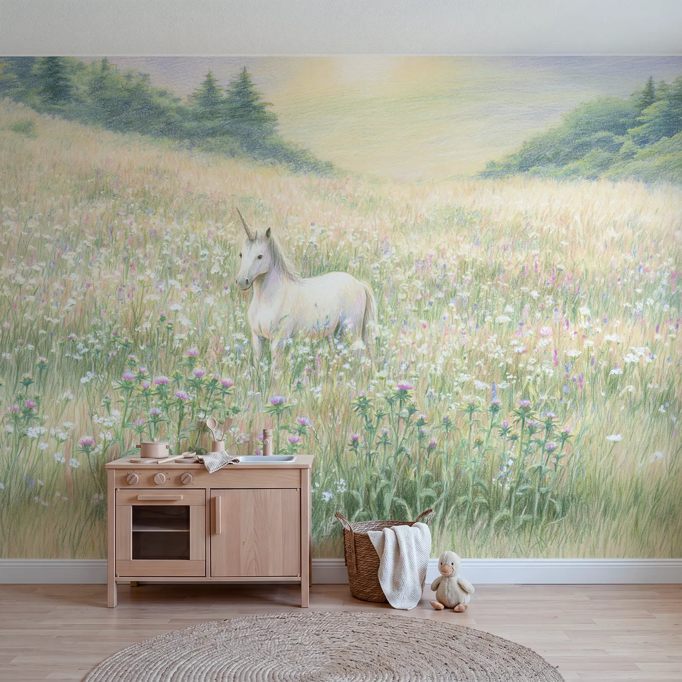 Colored pencil wall mural of a unicorn among tall flowers on blush by Whimsy Tots