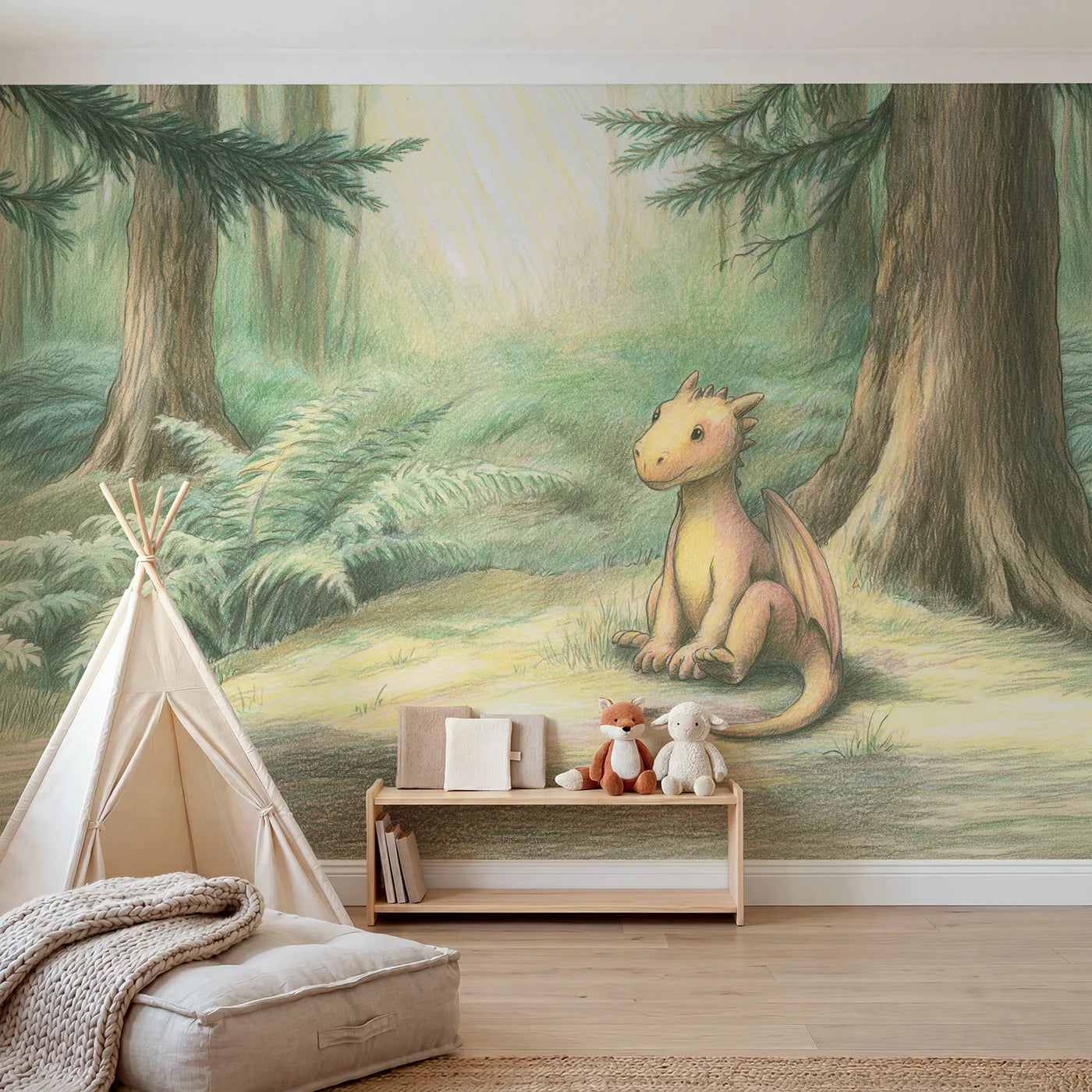 Colored pencil wall mural of a small dragon sitting on pale sage by Whimsy Tots