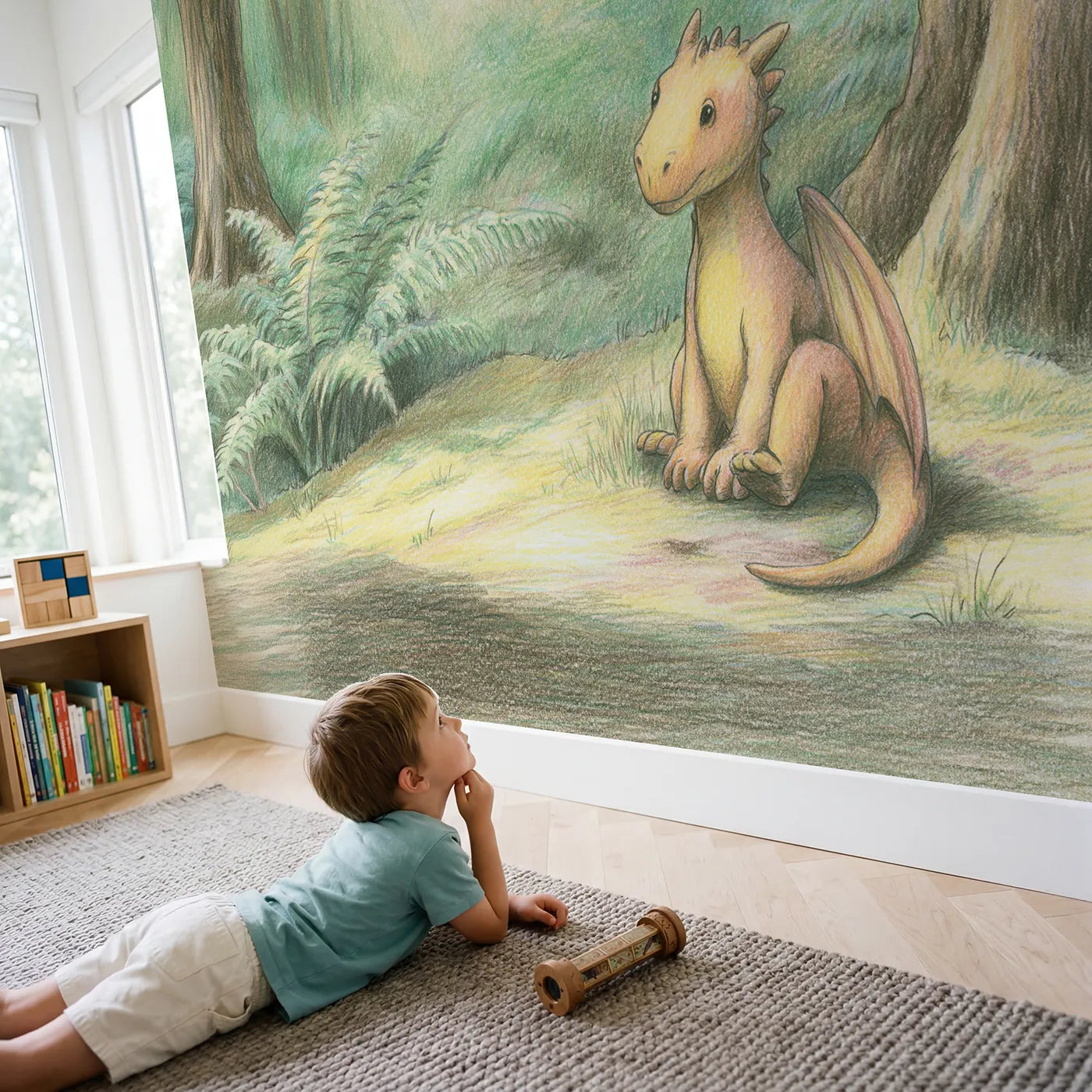 Child in nursery with Little Baby Dragon Wallpaper Mural by Whimsy Tots