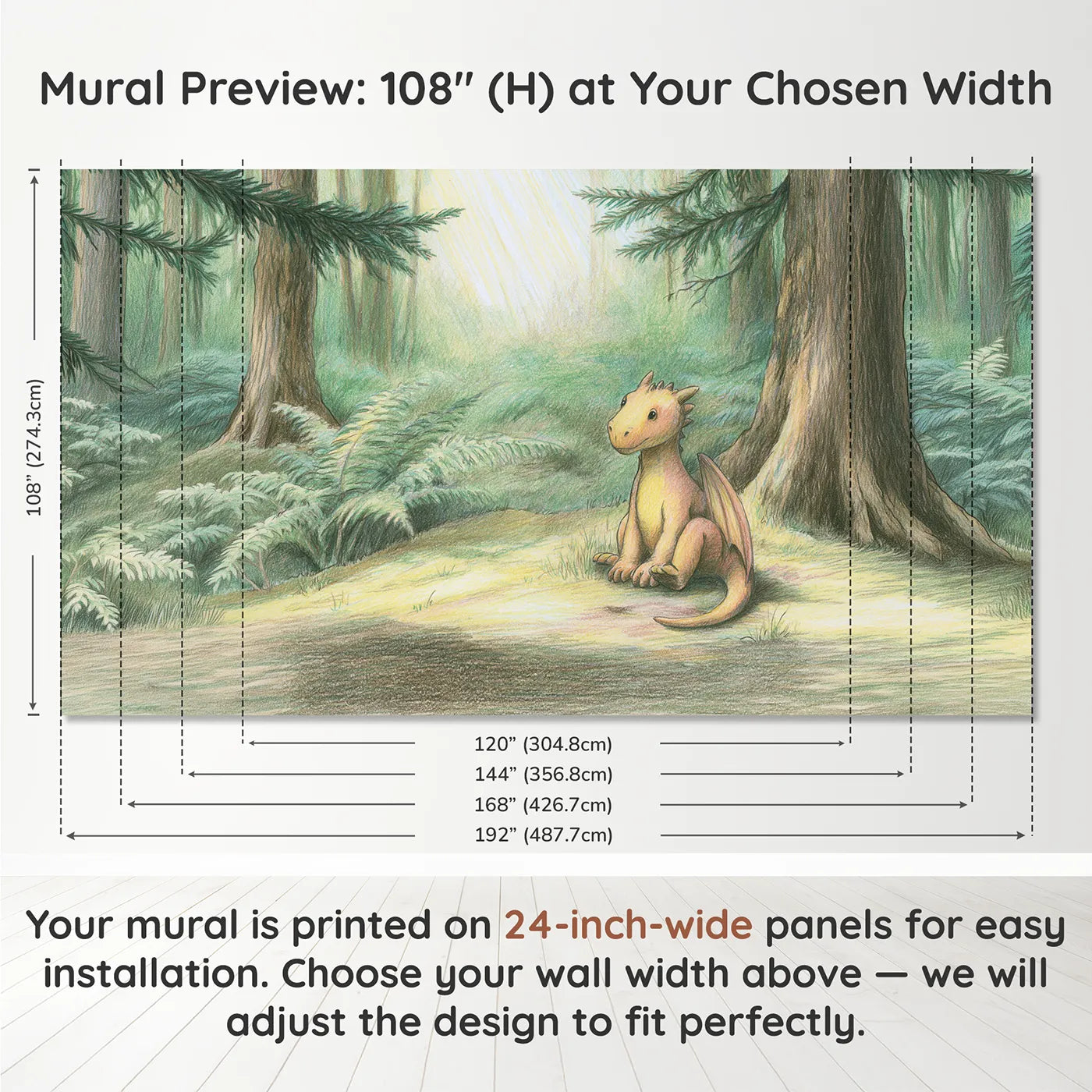 Panel layout and dimensions for Little Baby Dragon Wallpaper Mural by Whimsy Tots