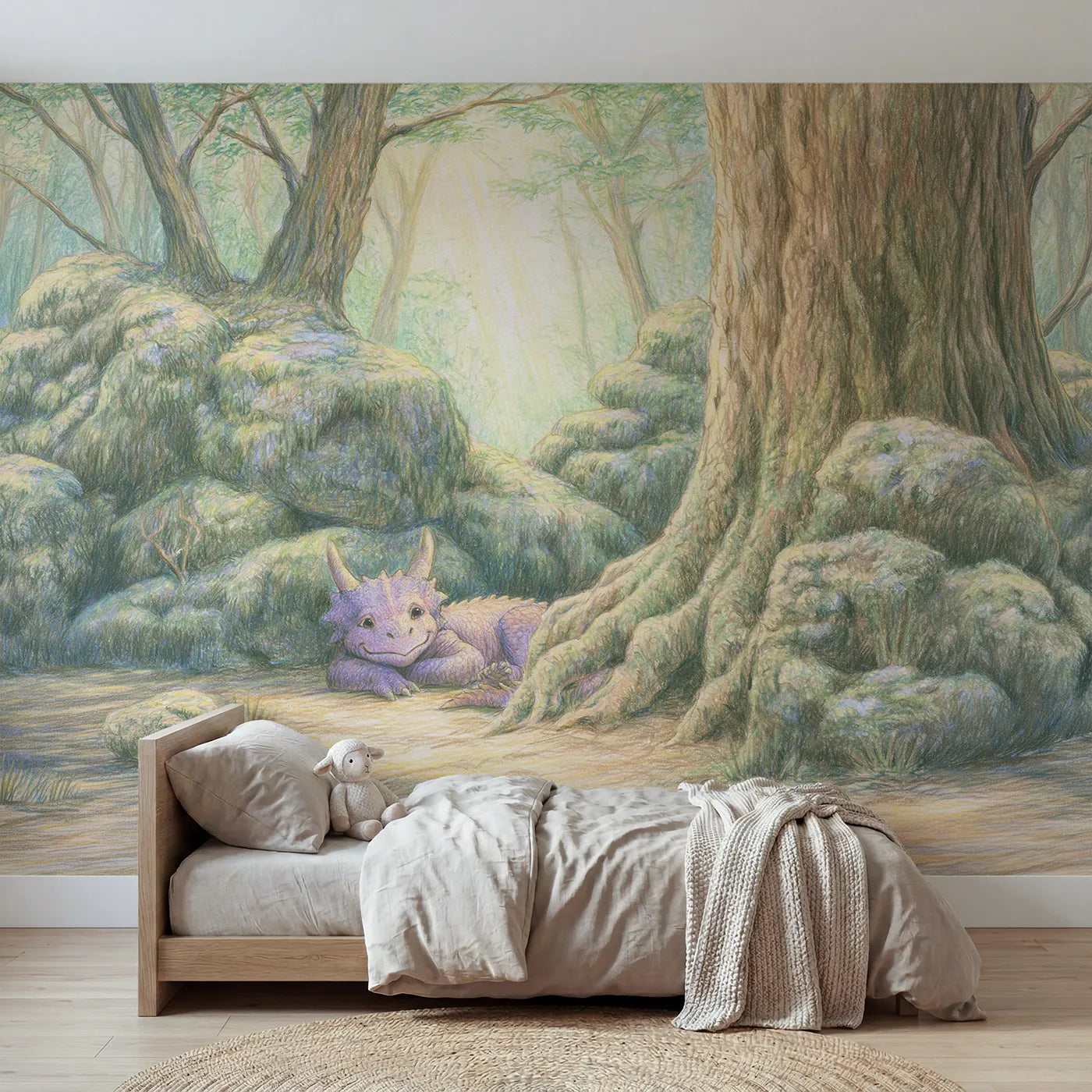 Colored pencil wall mural of a green dragon resting on pale sage by Whimsy Tots