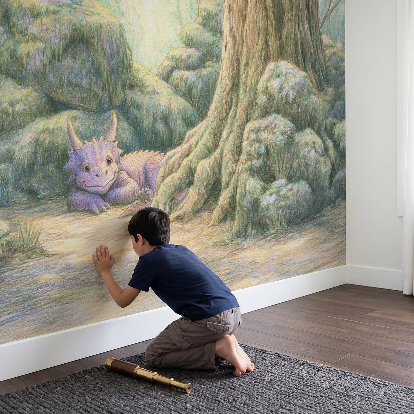 Child in nursery with Gentle Green Dragon Wallpaper Mural by Whimsy Tots