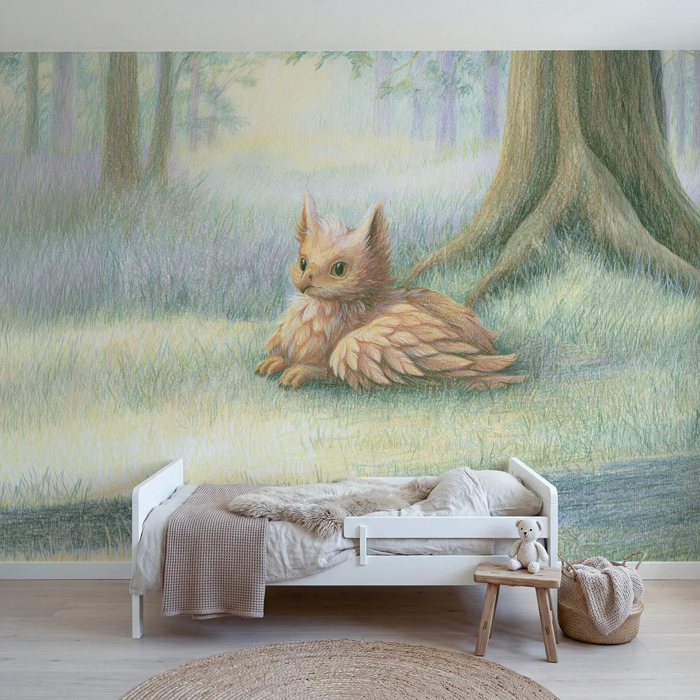Colored pencil wall mural of a griffin resting on warm cream by Whimsy Tots