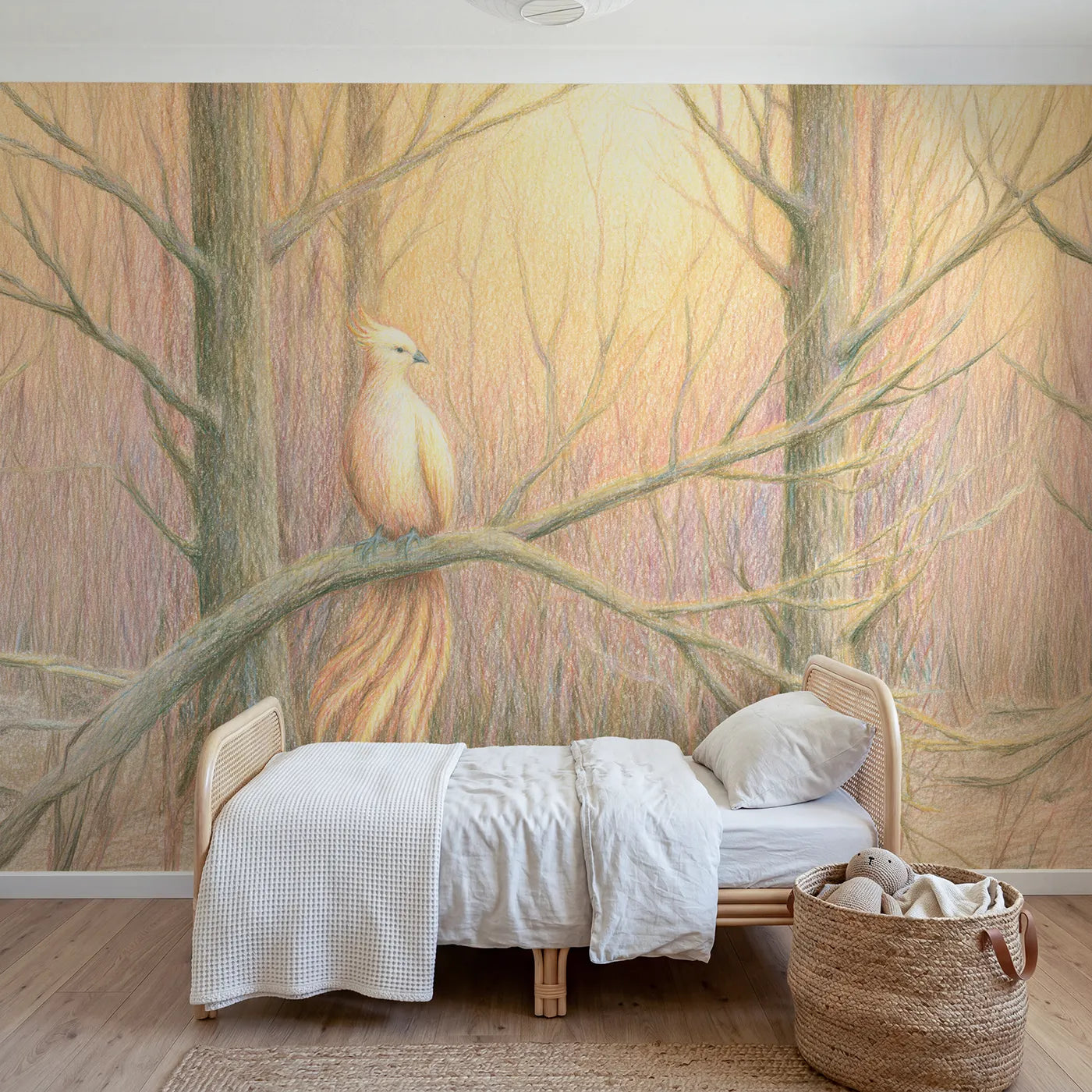 Colored pencil wall mural of a phoenix perched on cool cream by Whimsy Tots