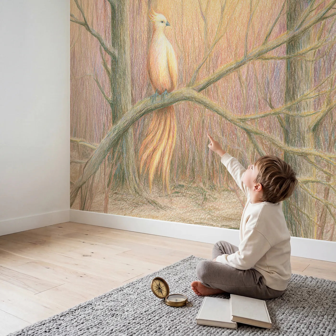 Child in nursery with Soft Phoenix Friend Wallpaper Mural by Whimsy Tots