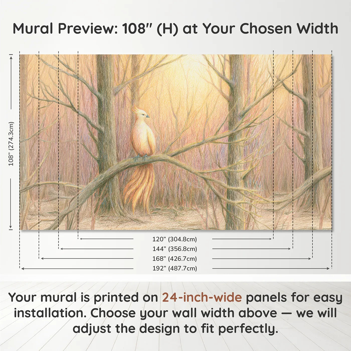 Panel layout and dimensions for Soft Phoenix Friend Wallpaper Mural by Whimsy Tots