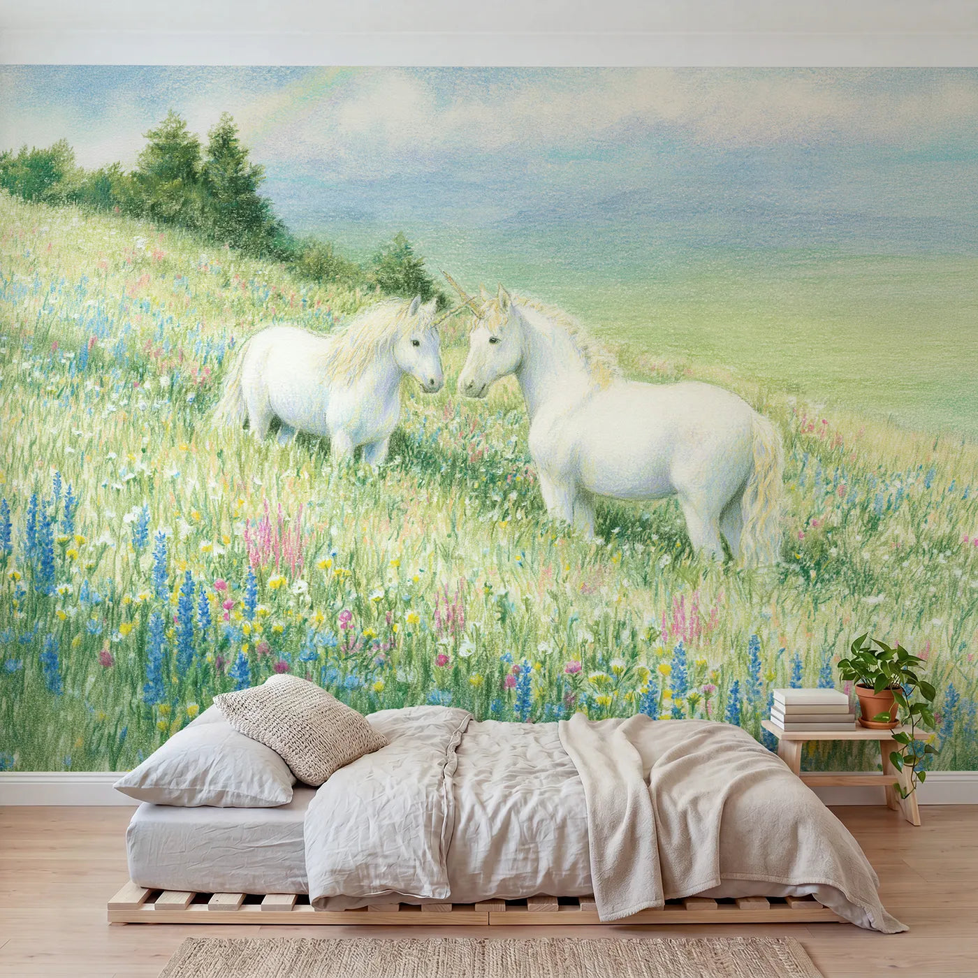 Colored pencil wall mural of two unicorns together on soft blush by Whimsy Tots