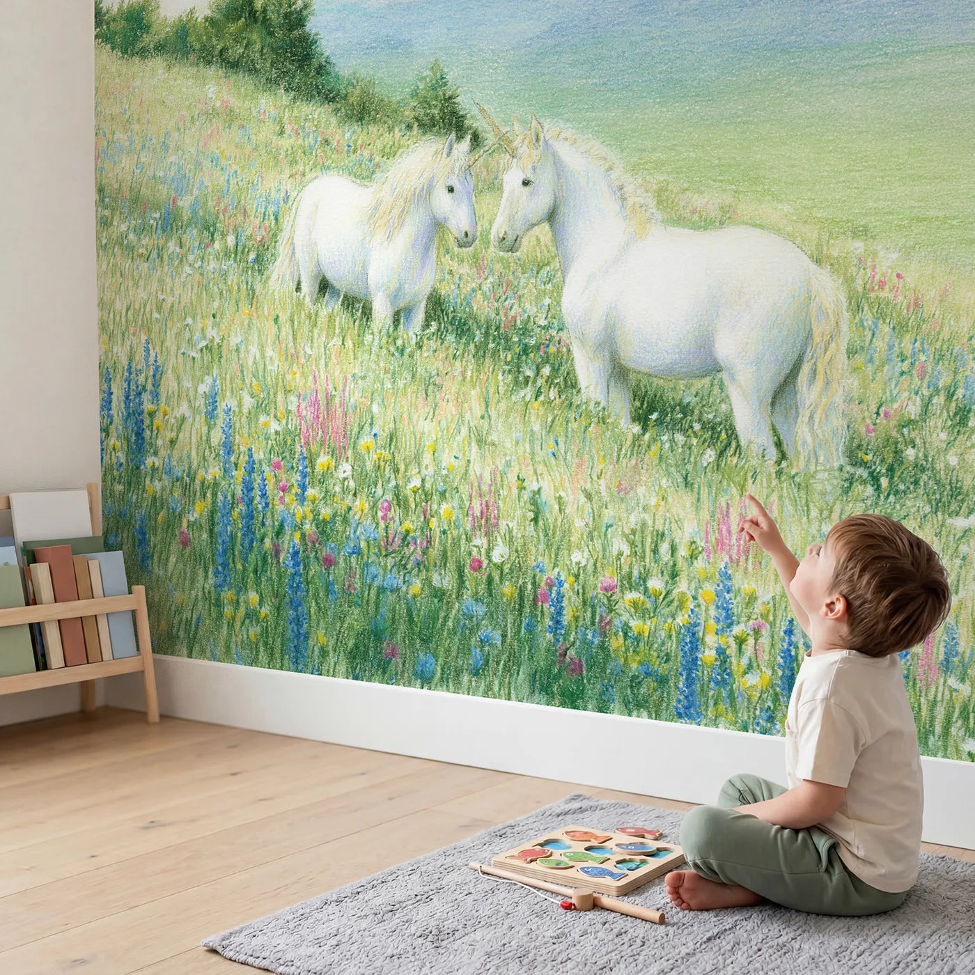 Child in nursery with Two Unicorn Friends Wallpaper Mural by Whimsy Tots