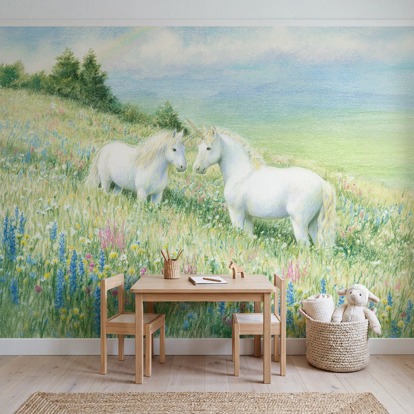 Two Unicorn Friends Wallpaper Mural in playroom setting by Whimsy Tots