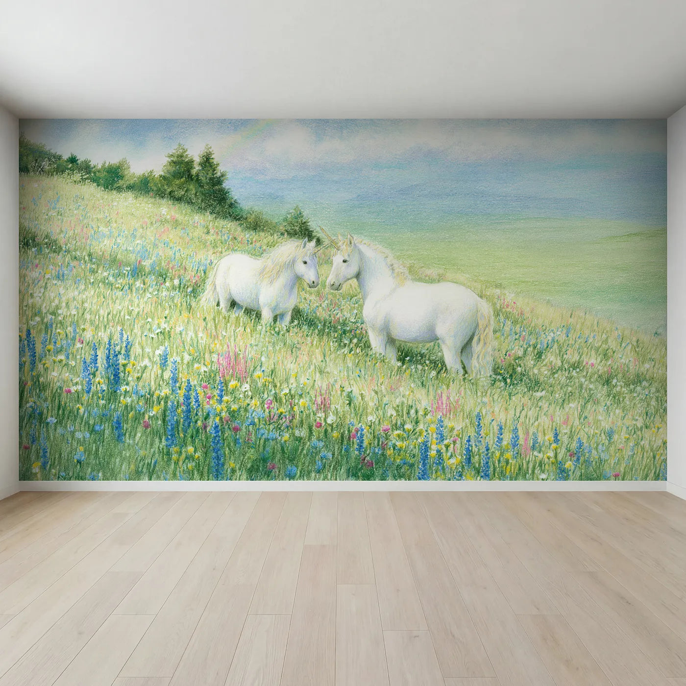 Full view of Two Unicorn Friends Wallpaper Mural by Whimsy Tots