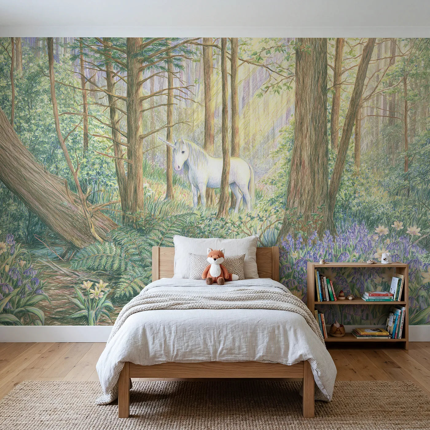 Colored pencil wall mural of a quiet forest glade on pale sage by Whimsy Tots