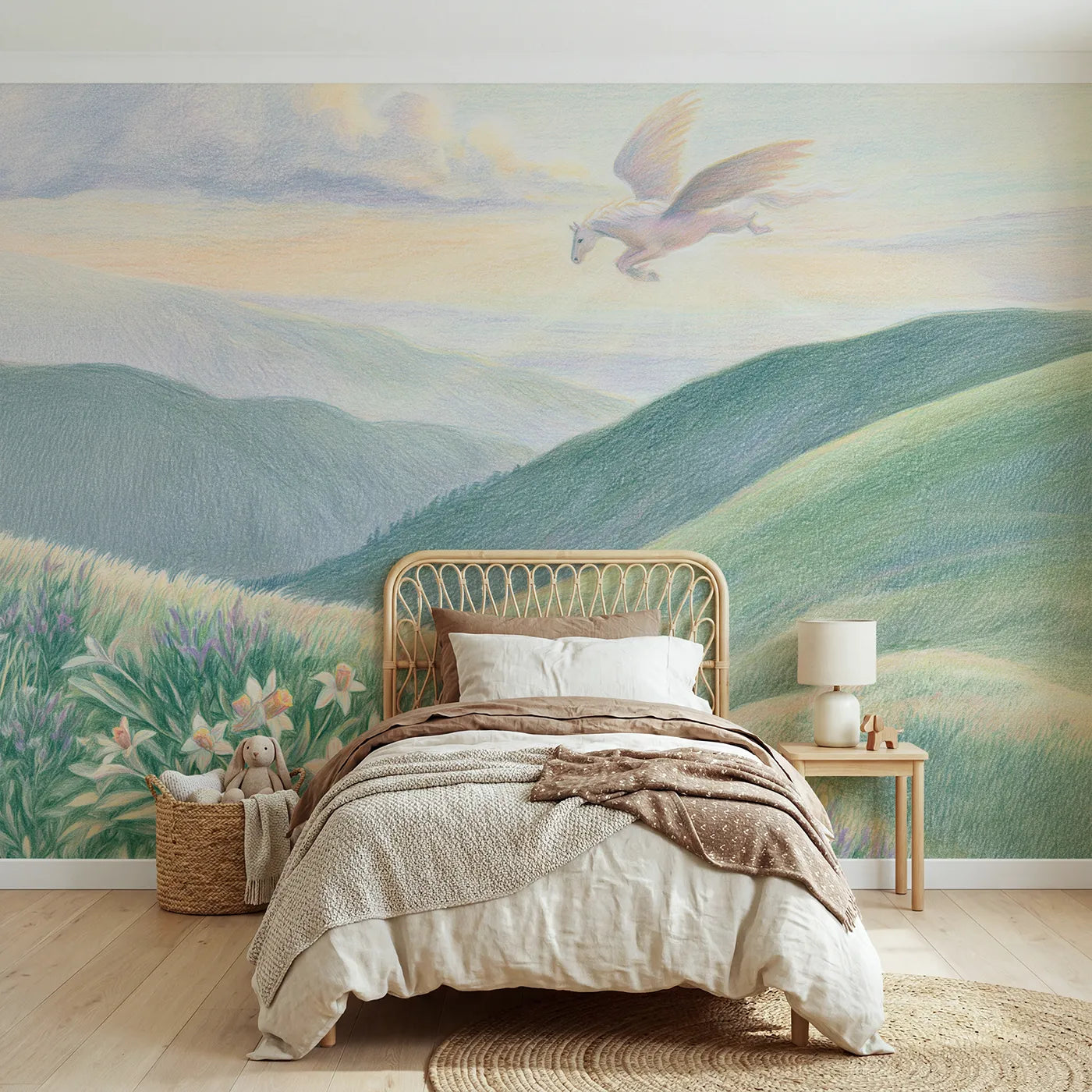 Colored pencil wall mural of a pegasus over hills on pale blue by Whimsy Tots