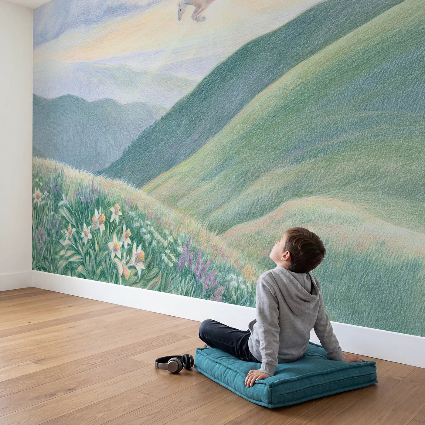 Child in nursery with Pegasus Over the Hills Wallpaper Mural by Whimsy Tots
