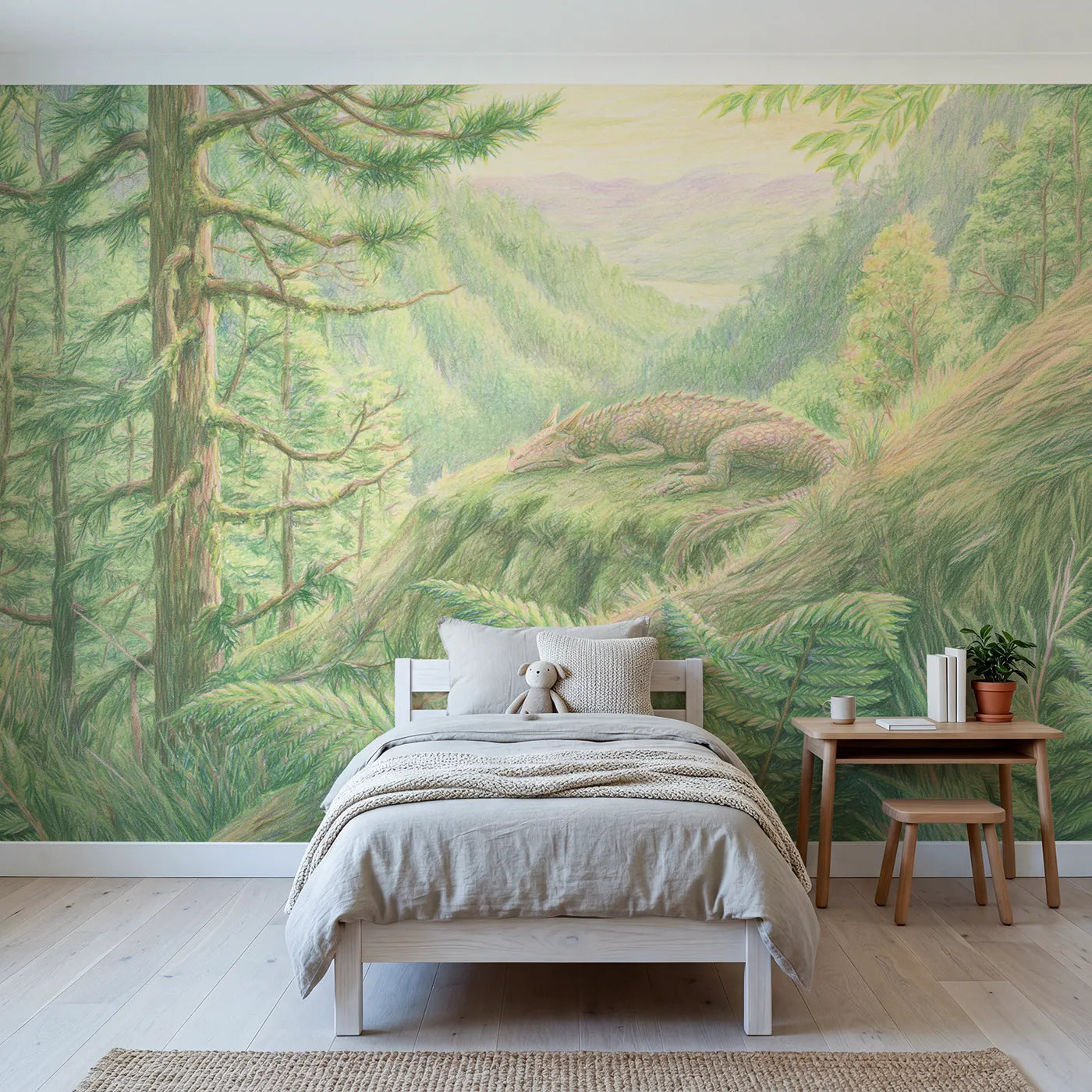 Colored pencil wall mural of a dragon in a green valley on pale sage by Whimsy Tots