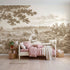 Toile wall mural of a shepherdess resting with her flock in brown ink by Whimsy Tots