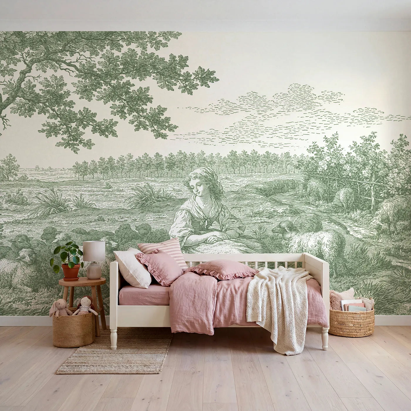 Toile wall mural of a shepherdess resting with her flock in green ink by Whimsy Tots
