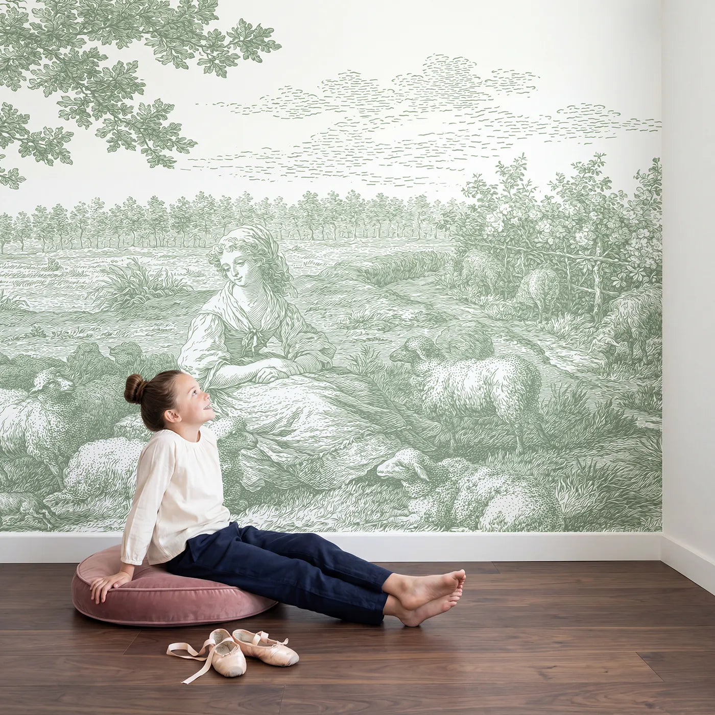 Child in nursery with Shepherdess Meadow Rest Wallpaper Mural in Green by Whimsy Tots
