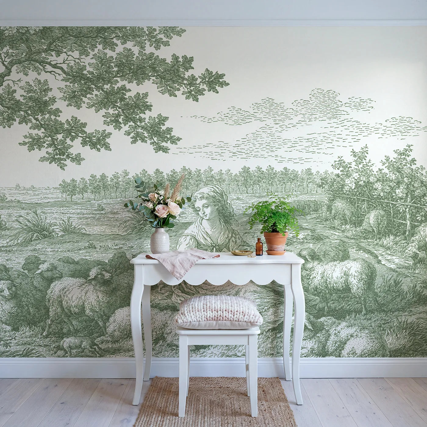 Shepherdess Meadow Rest Wallpaper Mural in Green in playroom setting by Whimsy Tots