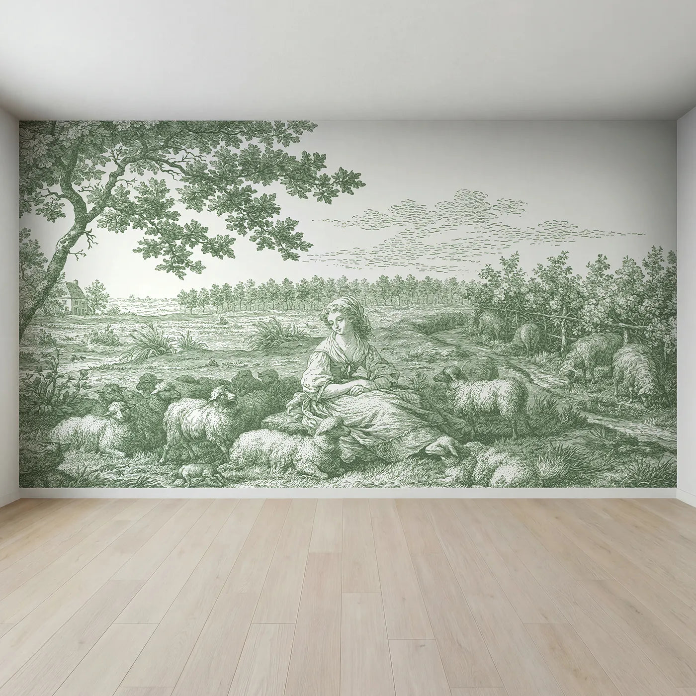 Full view of Shepherdess Meadow Rest Wallpaper Mural in Green by Whimsy Tots