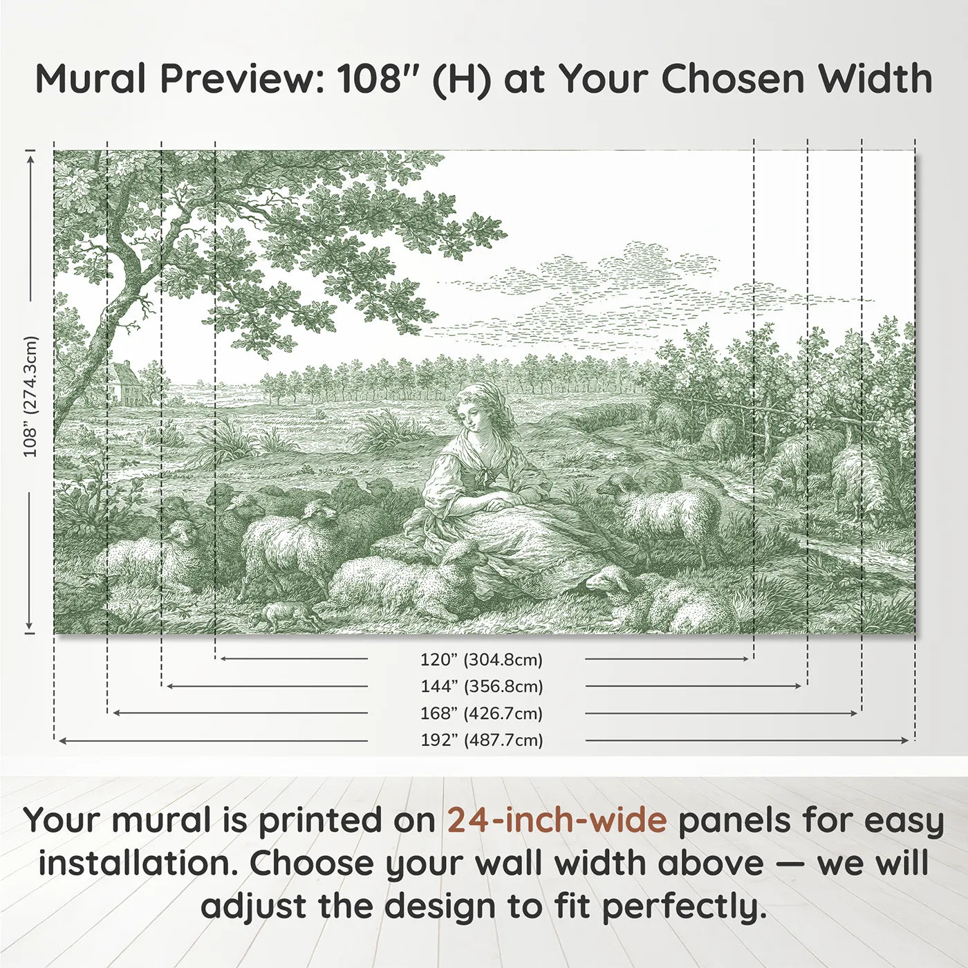 Panel layout and dimensions for Shepherdess Meadow Rest Wallpaper Mural in Green by Whimsy Tots