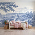 Toile wall mural of a shepherdess resting with her flock in single ink by Whimsy Tots