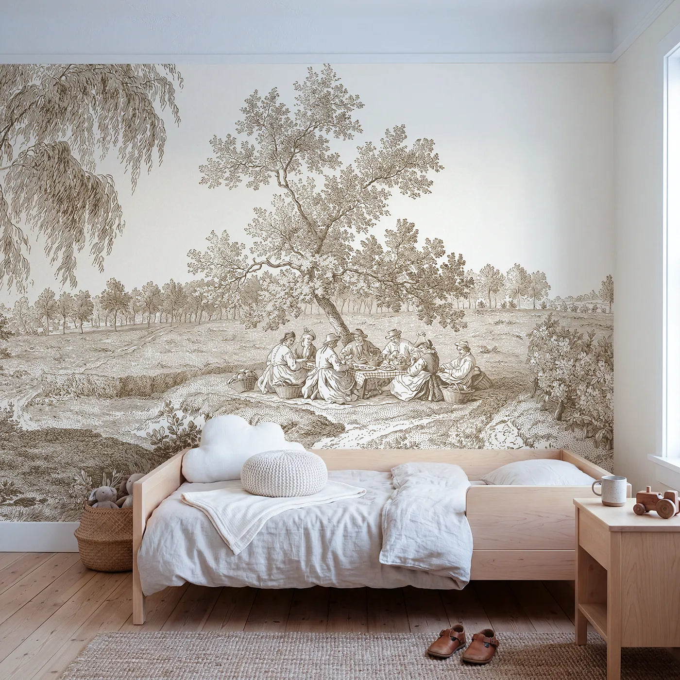 Toile wall mural of a pastoral picnic under a tree in brown ink by Whimsy Tots