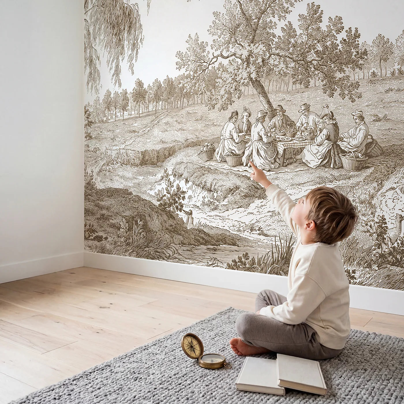 Child in nursery with Pastoral Picnic Gather Wallpaper Mural in Brown by Whimsy Tots