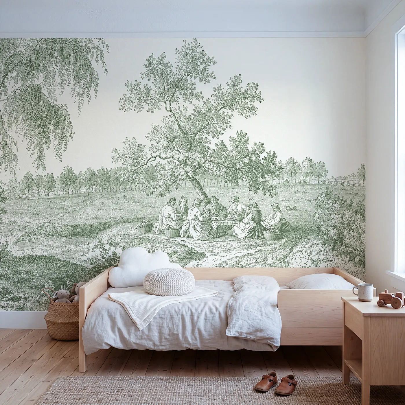 Toile wall mural of a pastoral picnic under a tree in green ink by Whimsy Tots