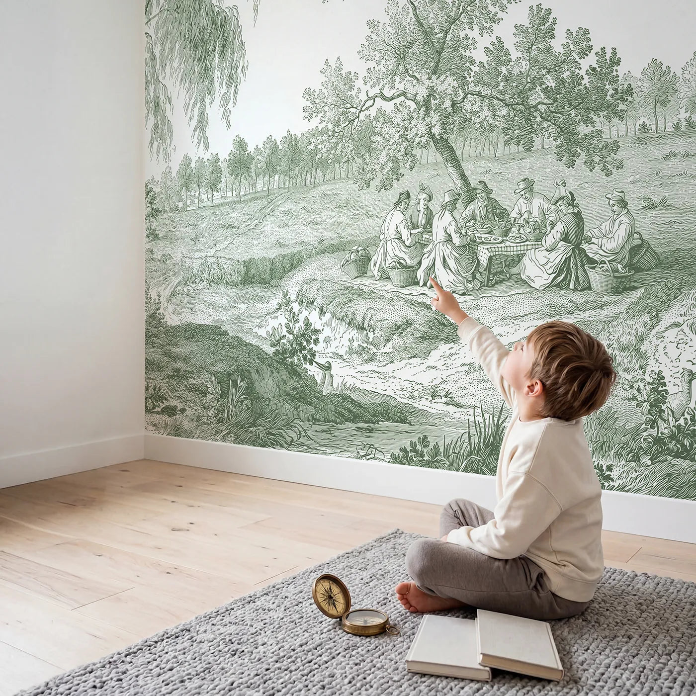 Child in nursery with Pastoral Picnic Gather Wallpaper Mural in Green by Whimsy Tots